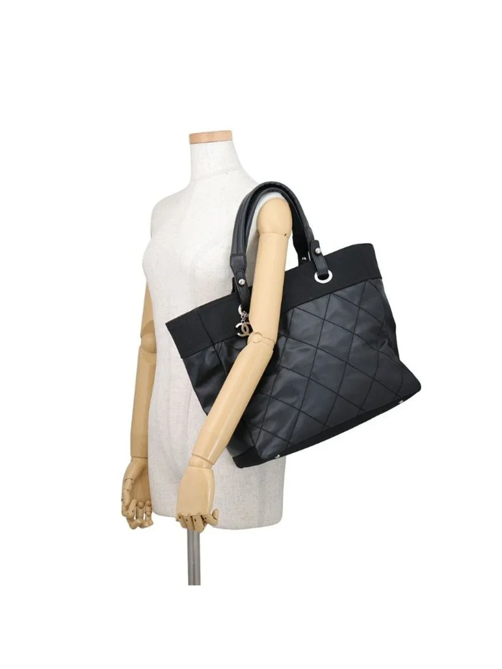 Chanel Tote Bag Paris Biarritz MM Quilted Coco Charm Black